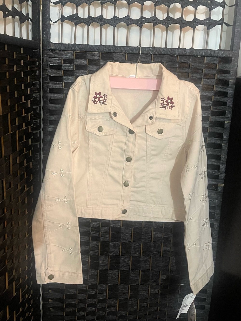 Nannette Cream Cropped Girls Jean Jacket with Floral Embroidery
